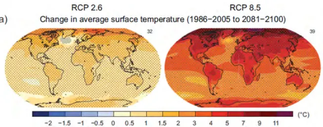 Figure 1.12: Évolution de la température de surface moyenne multimodèle pour la période 2081–2100 par rapport à la période 1986–2005, selon les scénarios RCP2.6 (à gauche) et RCP8.5 (à droite)