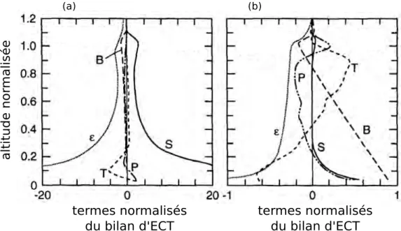 Figure 1.1 – Profils verticaux normalisés par la hauteur de la CLA (z i ) des différents termes normalisés du bilan d’énergie cinétique turbulente (a) pour une couche limite cisaillée et (b) pour une couche limite convective
