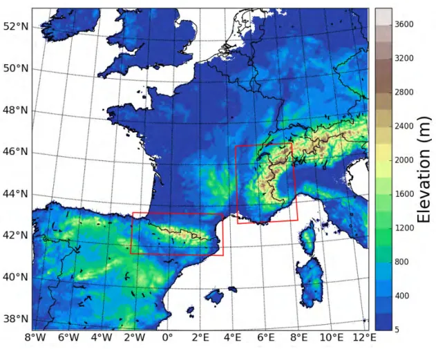 Figure 2.7 – Domaine de simulation d’AROME et topographie `a r´esolution 2.5 km. Les domaines Pyr´en´ees et Alpes utilis´es dans ce travail de th`ese sont encadr´es en rouge