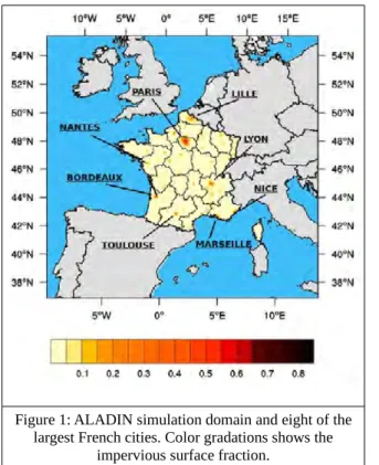 Figure 1: ALADIN simulation domain and eight of the largest French cities. Color gradations shows the