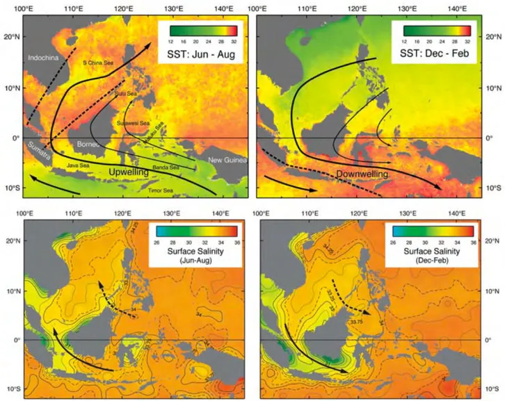 Figure 2.3: Sea surface temperature (SST, top panels) and Sea Surface Salinity (SSS, bottom panels)(left: southeast monsoon; right: northwest monsoon) based on archived hydrographic