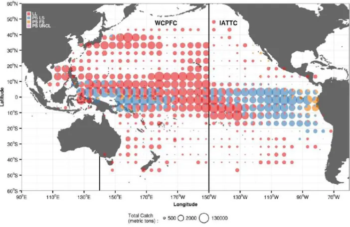 Figure 1.2: Spatial distribution of geo-referenced bigeye tuna catch during 1964–2014 derived from  longline  (LL)  fishing,  purse-seine-associated  sets  (PS  LS),  purse-seine-unassociated  sets  (PS  FS),  and  uncategorized  purse seine  (PS UNCL) (So