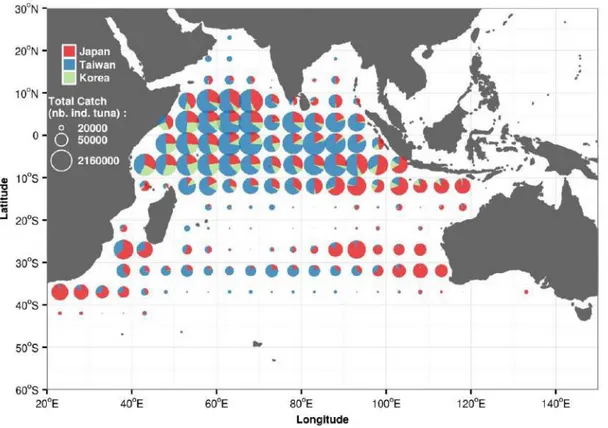 Figure 1.5: Spatial bigeye tuna catch (individual tuna) captured by the Japanese, Taiwanese, and Korean  longline fleets during 1952–2014