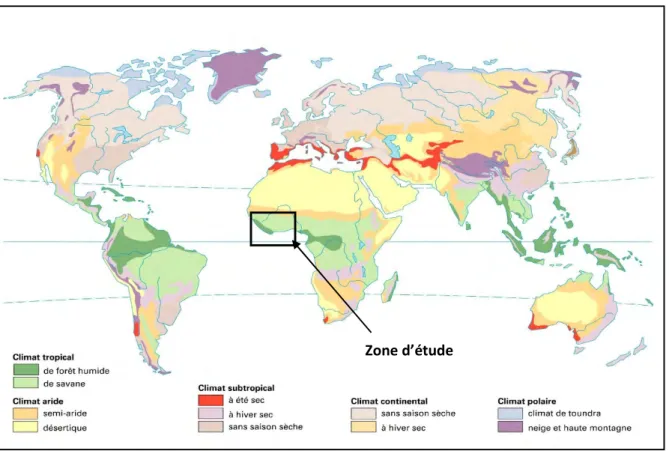 Figure 2 : Classification des climats selon Köppen comprenant la zone d’étude identifiée par le carré noir,   modifié d’après Mazoyer (Mazoyer, 2014) 