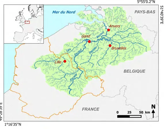 Figure 8. Carte et localisation du Bassin Versant de l’Escaut, transfrontalier entre la France, la  Belgique et les Pays-Bas