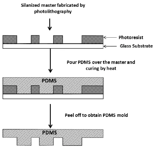 Figure II-8 :  Casting of PDMS mold from a resist rigid master 