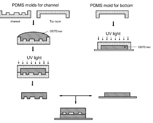 Figure II-13: Process to fabricate OSTEmer microfluidic chip using "quasi injection molding"  technique 