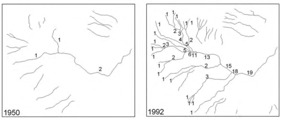 Figure 11: Développement du système de drainage en 1950 et 1992. Figure extraite des travaux de  Leblanc et al