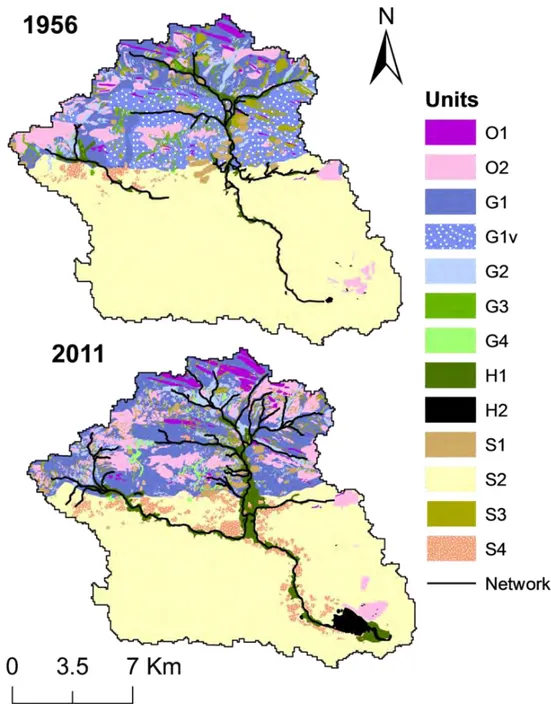 Figure 29: Cartographie des unités paysagères et du réseau de drainage du bassin d'Agoufou en 1956  et en 2011 