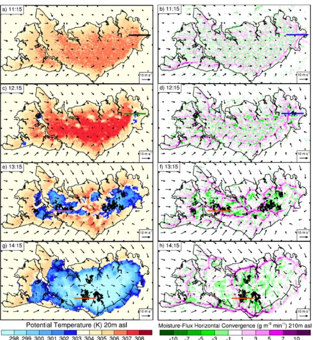 Fig. 9b . The top of the convective cluster was at 13-km altitude. Intense subsiding shells were no longer located at the cloud top only but were ubiquitous around the updrafts