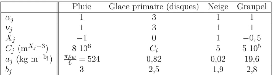 Table 2.1 – Valeurs des paramètres caractérisant les différents hydrométéores du schéma microphysique ICE3.