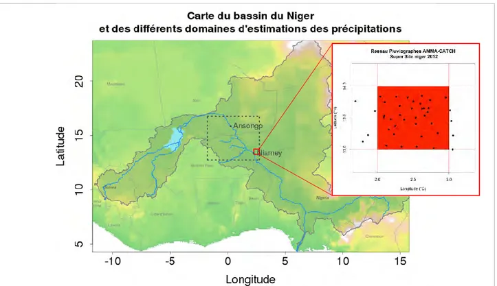 Figure 2. 4 : Carte du bassin du Niger avec le positionnement des boîtes contenant le degré carré  de Niamey (boîte rouge) et la zone d’estimation des précipitations de KRIG (boîte grise pointillée)