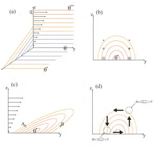 Figure 1.5 – Schéma de la mise en place d’une circulation agéostrophique dans un environne- environne-ment barocline perturbé par une anomalie positive de température