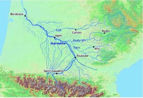 Figure 15. Carte du bassin versant de la Garonne, avec les principales villes et rivières légendées