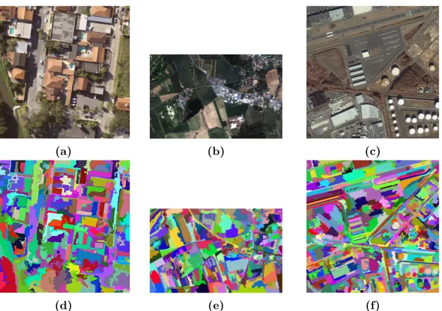 Figure 3.10 – Segmentation avec l’algorithme générique de trois images de taille crois- crois-sante pour analyser les stratégies utilisées pour représenter les coordonnées des pixels : (a) 500 × 500 pixels, (b) 893 × 567 pixels, (c) 1000 × 1000 pixels.