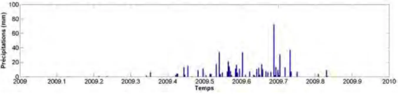 Figure 15 - Exemple de distribution des pluies sur l'année 2009 dans le Sahel Malien (estimations TRMM) 