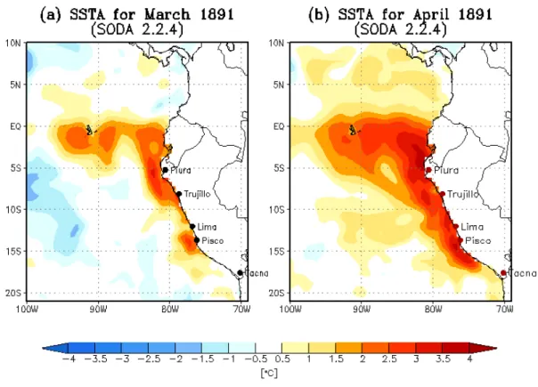 Figure 1.1bis SST interannual anomalies in the South Eastern Pacific for March (a) and  April (b) 1891 from the outputs of the SODA (Simple Ocean Data Assimilation)  reanalysis (version 2.2.4) calculated using a climatology estimated over the period 