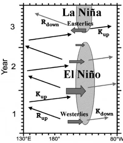 Figure 1.5 Schematic diagram of the delayed oscillator for ENSO. (After Wang and  Picaut (2004)) 