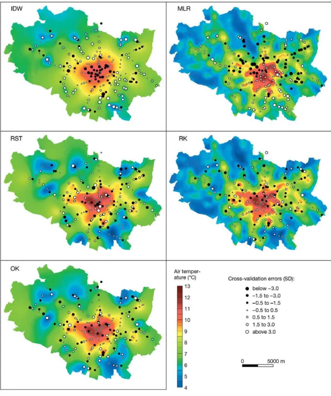 Figure 1.16 – Différents tests statistiques de spatialisation de l’îlot de chaleur urbain à Wroclaw en Pologne