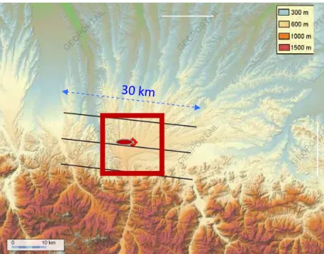 Figure 3.7 – Zone géographique du Plateau de Lannemezan, sur laquelle sont représentés, pour la journée du 20 juin 2011, les trajectoires des avions (lignes parallèles noires), la couverture de la LES (carré rouge) et la zone de footprint des mesures des stations de surface (ovale rouge).
