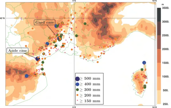 Figure 1.3 – Localisation des événements pluvieux atteignant au moins 150 mm j −1 pour la période 1967-2006 (Ricard et al., 2012)