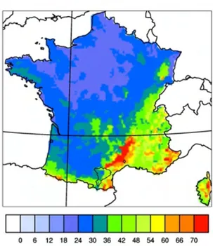 Figure 1.4 – 99 ième centile de précipitation journalière en France, analyse SAFRAN(Quintana-Seguí et al., 2008) 1981-2010.