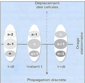 Figure 1.9 – Décomposition du déplacement d’un orage multicellulaire stationnaire. D’après Malardel (2009).