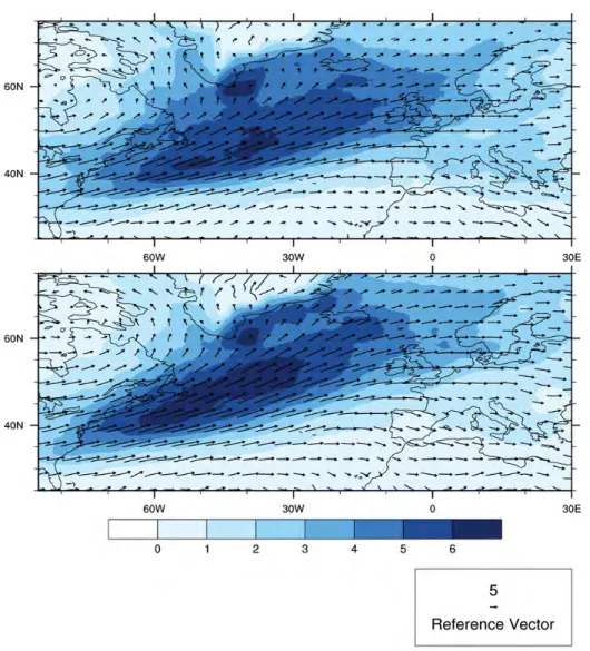 Figure 3.6 – Densité de trajectoire moyenne par mois (en nombre de tempêtes par mois) des tempêtes fortes (celles dont le tourbillon maximum excède 20010 −4 s −1 ), sur le  bas-sin Euro-Atlantique Nord en hiver (DJF)