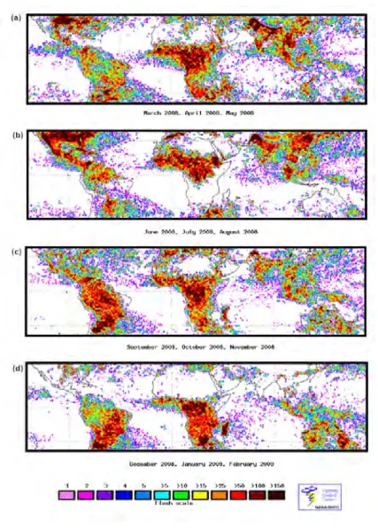 Figure 1.9 – Localisation saisonnière des éclairs détectés par l’instrument LIS/TRMM (en flashes.km −2 .season −1 ) de mars 2008 à février 2009