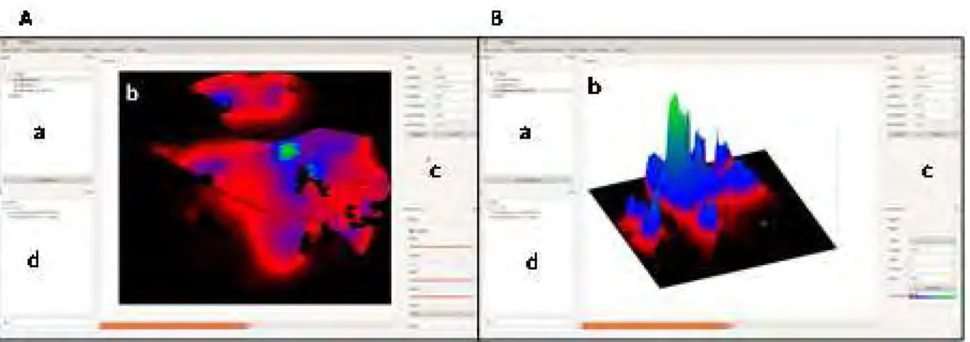 Figure 4:  Screenshot of an example of MetaConnect resul ts. Data to be displayed or analyzed are  selected in the “a” section and displayed in the “b” section in two (A) or three (B) dimensions