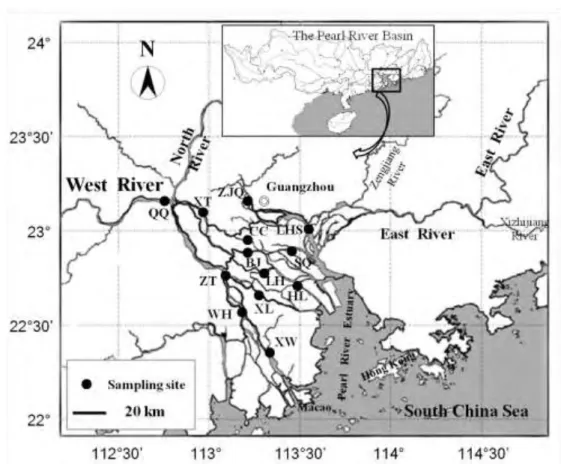 Figure 9 The river network system of the Pearl River Delta, including three main tributaries of the  Pearl River and sampling sites