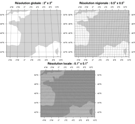 Figure 3.2 – Exemple de trois résolutions de MOCAGE au-dessus de la France.