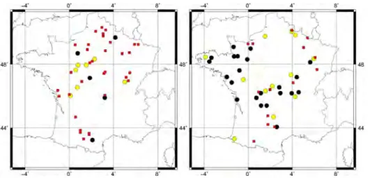 Figure 9. Best FR-2L simulation vs. Agreste statistical correlation levels obtained for (left panel) C3 crops and (right panel) grasslands.