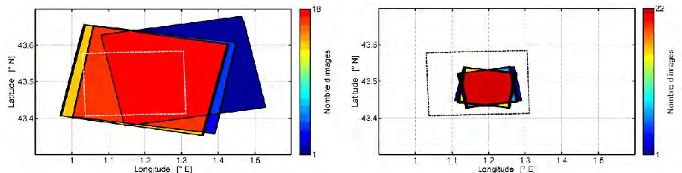 Figure 24 : Surfaces communes partagées par les images TerraSAR-X (en modes Stripmap, a), et Spotlight, b)) focalisées sur  le super site