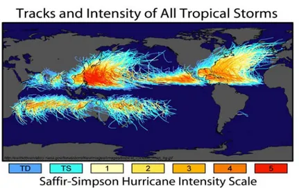 Figure 1.1 - Glopbal map of tropical cyclone tracks. Figure from NASA.