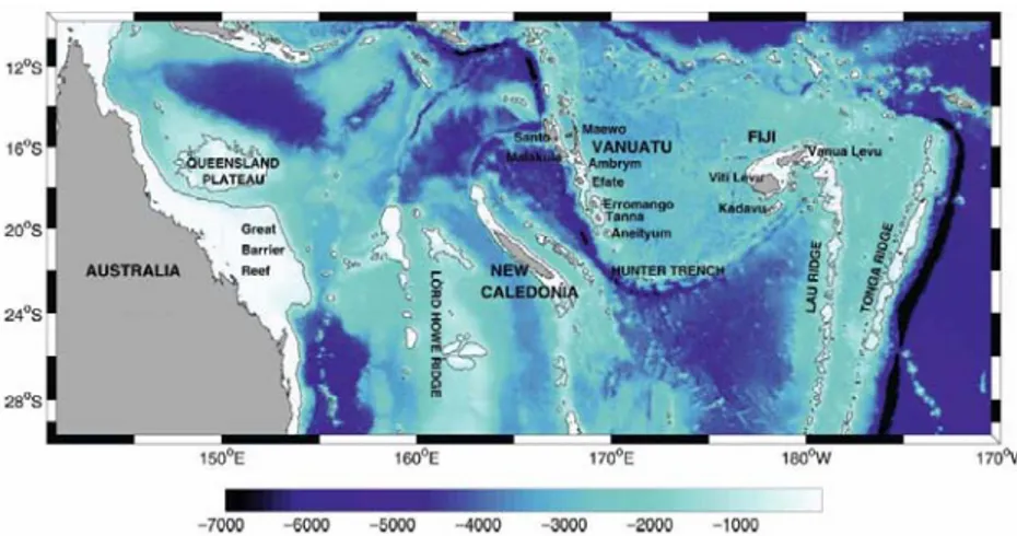 Figure 2.4 - Oceanic geography of the southwest Pacific. Shading is the ocean depth. Figure from Couvelard et al