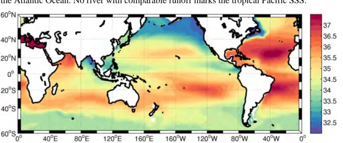 Figure  IV.1  Global  map  of  surface  salinity  from  the  ISAS  dataset  (described  in  Chapter 2) averaged over 2004-2012