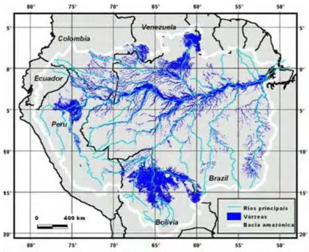 Figure 6: Cartographie des zones d’inondation du Bassin  amazonien à partir d’images SAR (Martinez and Le Toan, 2007) 