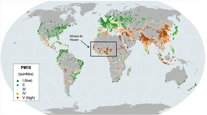 Figure I.2 : Estimation des concentrations urbaines  de PM 10  dans le monde (Pandey et al., 2002)