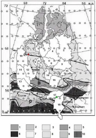 Figure  1  –  Map  of  coverage  of  study  watersheds  with  the  coordinate  grid  of  ERA-40  model  reanalysis (watersheds: 1 –  Shchuchya , 2 –  Poluy , 3 – Nadym, 4 – Pur, 5 – Taz, 6 – Nazym, 7 –  Lyamin, 8 –  Tromyegan , 9 – Vakh, 10 – Severnaya Sos