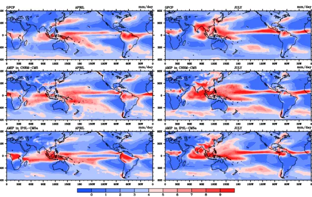 Figure 3.16 – 1979-2001 mean precipitation from GPCP data, AMIP configuration of CNRM-CM5 model (ARPEGE) and IPSL-CM5a model (LMDz) for April and July.