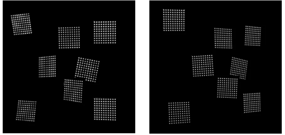 Figure 2.11  Superposition de huit images de mires acquises par la caméra A (à gauche) et la caméra B (à droite), utilisées pour la calibration des caméras.