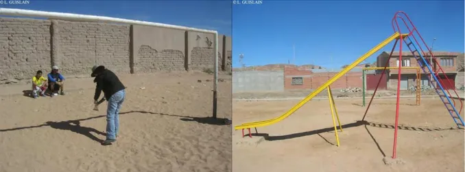 Figure 20: Exemple de lieux de prélèvements de poussières. A gauche sur un terrain de football, à droite  sur un parc d'enfant