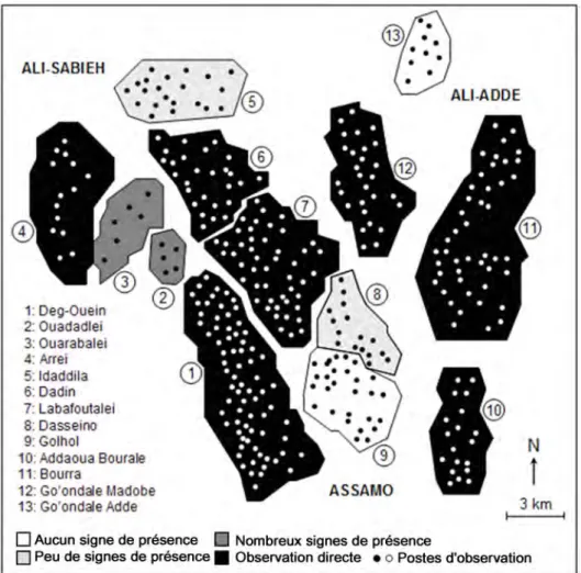 Figure 11. Présence des beiras sur les 13 massifs de la région d’Aser-Jog.  