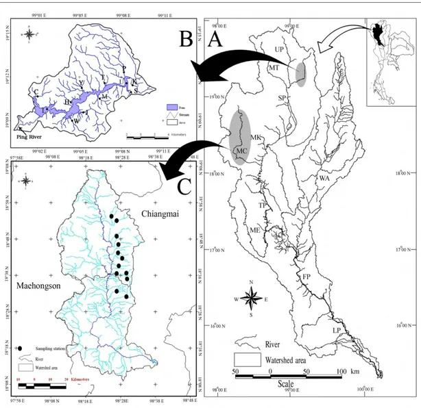 Figure  5  Maps  of  the  studied  area;  A:  The  Ping-Wang  basin  and  its  sub-basins  (P1  and  P4),  B:  the  Mae-ngad  reservoir  (P2  and  P5),  and  C:  Maecheam  stream  and the sampling sites (P3) 