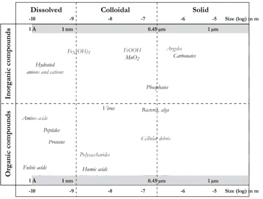 Figure 1.2.3: Organic and inorganic colloids distribution as size function in aqueous systems (from Bue &amp; Van Leeuwen 1992 [85]).