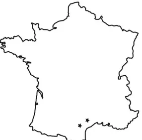 Figure 1 : Localisation en France des sites de collectes des échantillons. 