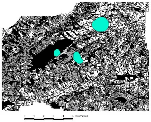 Figure 3 : Taille des buffers en fonction de la proportion de bois dans le paysage.