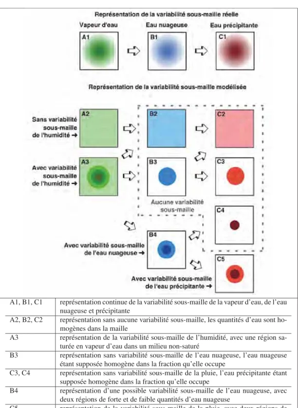 Figure 1.2 – Représentation schématique dans une maille horizontale de modèle de la variabilité sous-maille réelle et modélisée de la vapeur d’eau, de l’eau nuageuse et de l’eau précipitante.