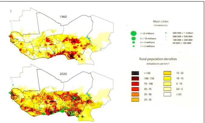 Fig. 1.4 : Population en Afrique de l’Ouest en 1960 et projection en 2020 (SWAC, 1999) 